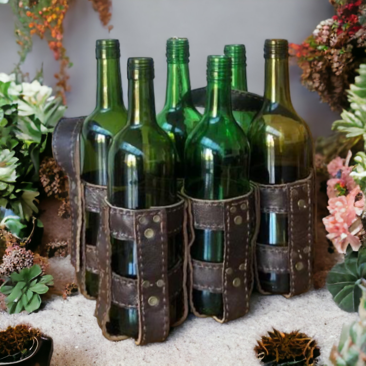 Vintage & Quality Recycled Leather hand-made 6 bottle rack