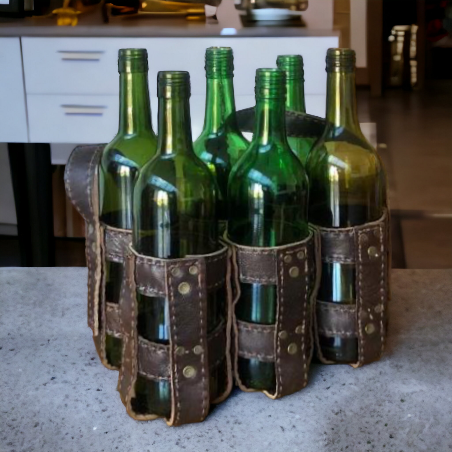 Vintage & Quality Recycled Leather hand-made 6 bottle rack