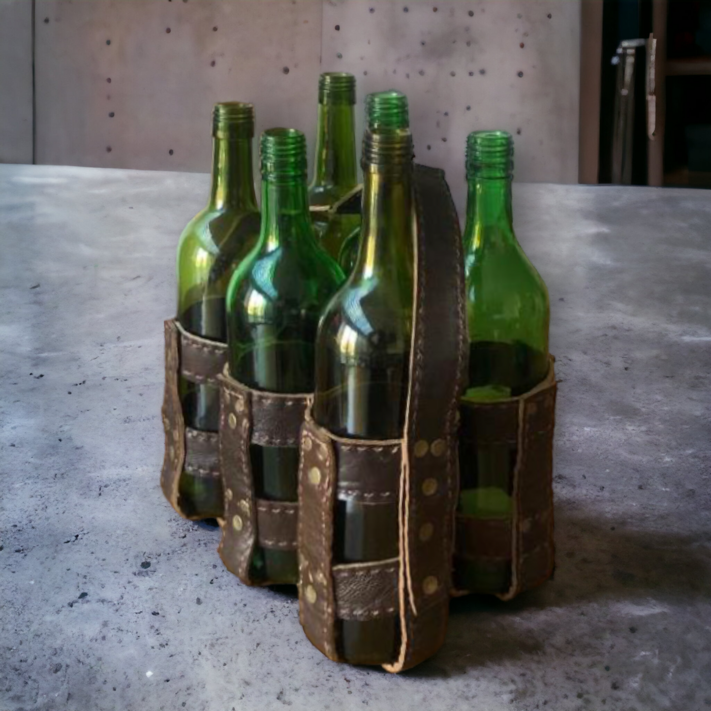 Vintage & Quality Recycled Leather hand-made 6 bottle rack