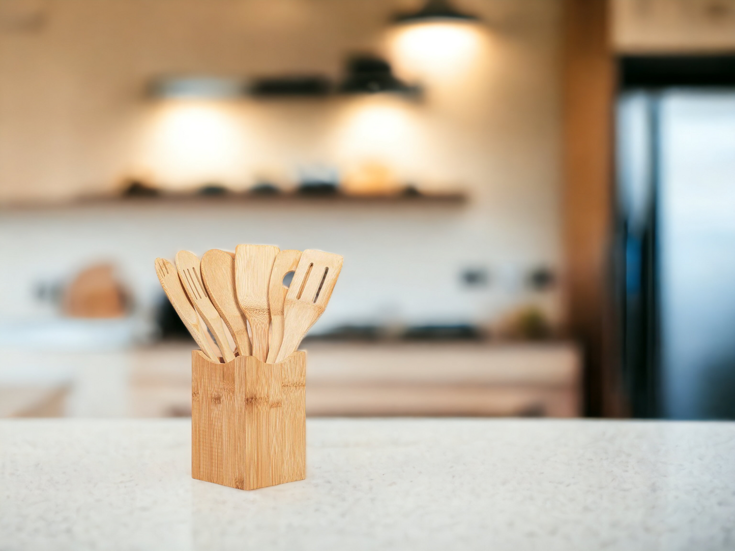 Bamboo Kitchen Utensils Set with Holder- Engraved with your text or image