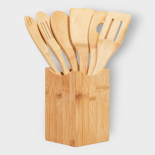 Bamboo Kitchen Utensils Set with Holder- Engraved with your text or image